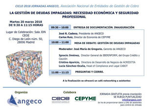 Jornada gratuita día 20 de marzo en Madrid: ANGECO, CEOE y CEPYME, sobre gestión de deudas impagadas