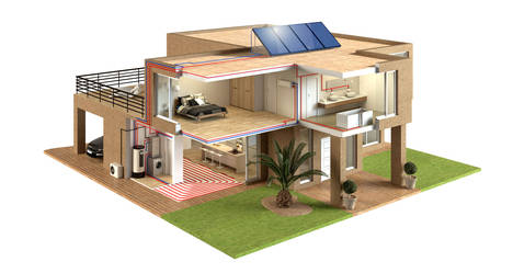 Ejemplo de sistema Aquatermic Bomba de calor – Split con aplicación de calefacción, refrigeración y ACS, en combinación con un sistema de energía solar térmica.