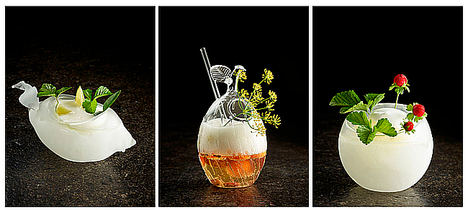 Cócteles elaborados con les EasyFoam de Ginger & Lemongrass, Cocoa & Yuzu, y Menta Lima, (de izq. a dcha.)