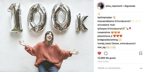 El post de Instagram de la “falsa influencer” @almu_ripamonti en el que celebra que ha alcanzado los 100 mil seguidores. Todos fueron comprados por H2H, al igual que los comentarios y los likes.