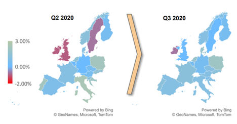 Mapa del calentamiento del precio de la vivienda en Europa (crecimiento trimestral frente a la media de 10 años).