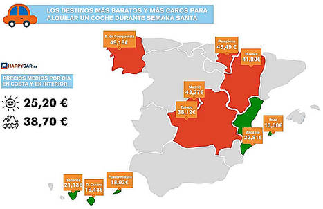 El alquiler de coches en la costa e islas será un 34,89% más barato que en el interior durante semana santa