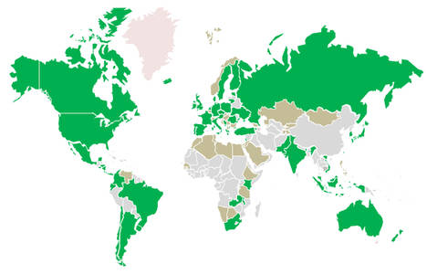 Distribución geográfica de los asistentes. (En verde los países registrados; en marrón los pertenecientes a ICN no registrados y en gris lo no pertenecientes a ICN). Fuente: CNMC