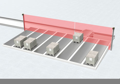 Protección de acceso de varios sistemas de transporte multi-track con dos escáneres láser de seguridad RSL 400.