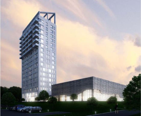 Representación 3D, rascacielos, Mjøstårnet.