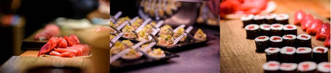 Sashimi, ensaladilla de atún, makis y niguiris servidos durante el acto inaugural.