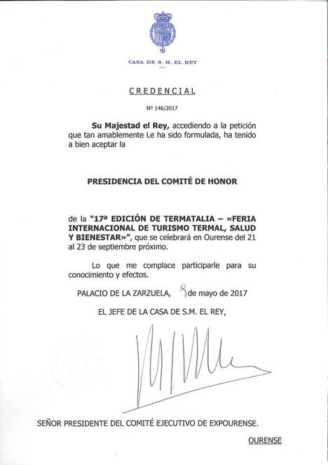 El Rey de España, Felipe VI, preside un año más el Comité de Honor de Termatalia 2017